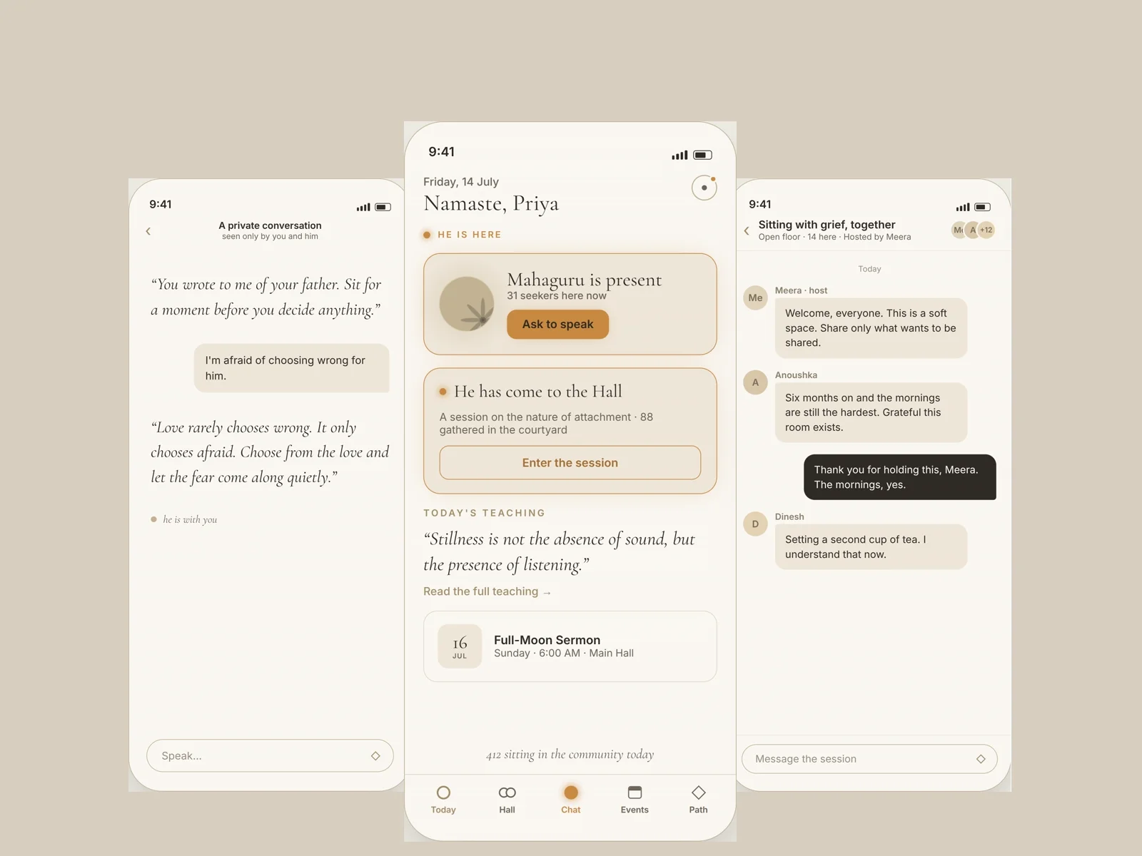 Three screens of the Mahaguru meditation app: private chat, daily dashboard and a live group session