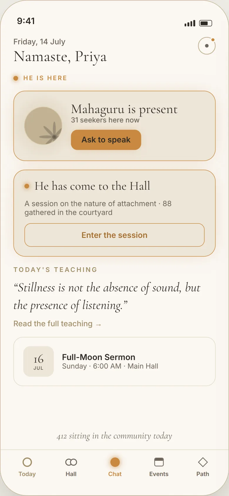 Mahaguru app dashboard: presence card showing the teacher is online, live Hall session banner and the day’s teaching