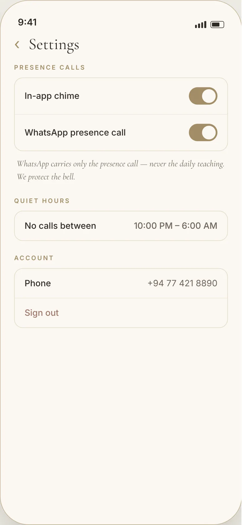 Mahaguru settings screen with presence call switches, quiet hours and account options